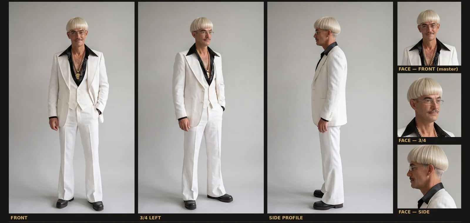 Don Algorythmo character reference sheet: front, side and back views