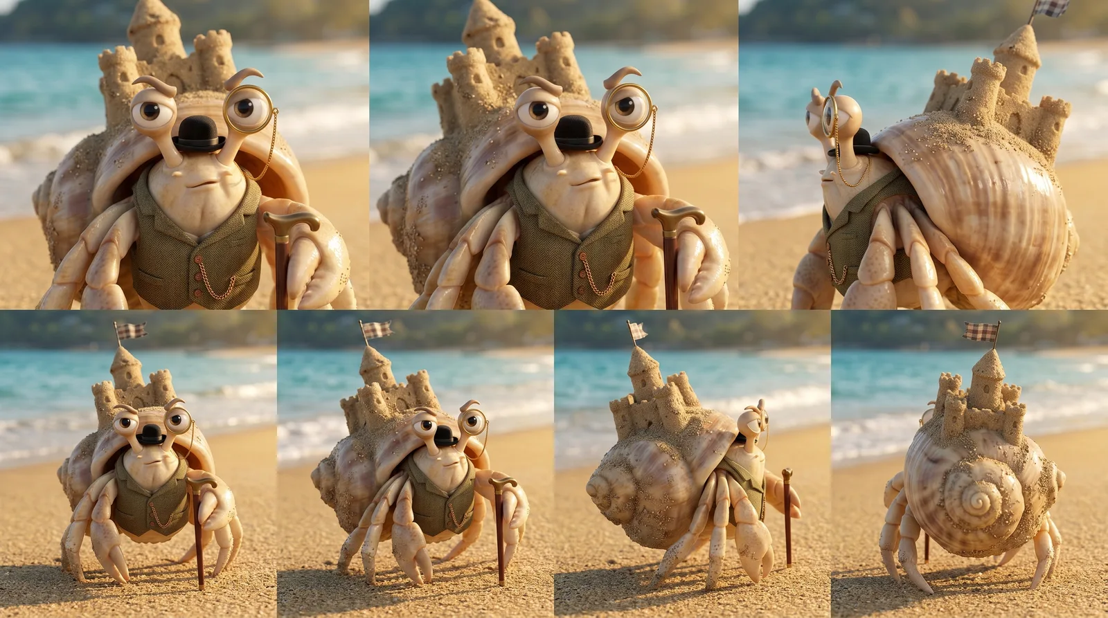 Sir Reginald Sandcastle character reference sheet: front, side and back views